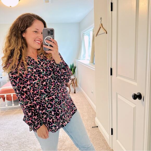 SALONI Pink Black Silk Printed Long Sleeve Blouse 10 - Picture 1 of 8